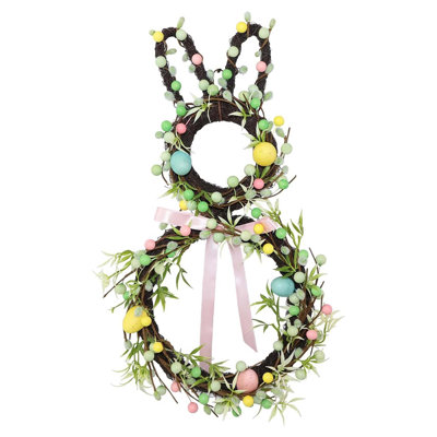 18" Easter Bunny Wreath With Pink, Green & Yellow Berry And Egg Accents For Front Door And Home