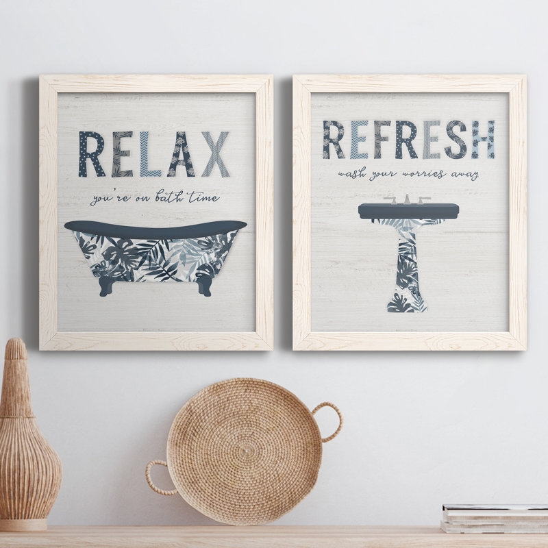 Palm Bath I - Ensemble de 2 encadrements d'art textuel sur toile, H 20 po x l 34 po x P 1,5 po, Toile blanche encadrée