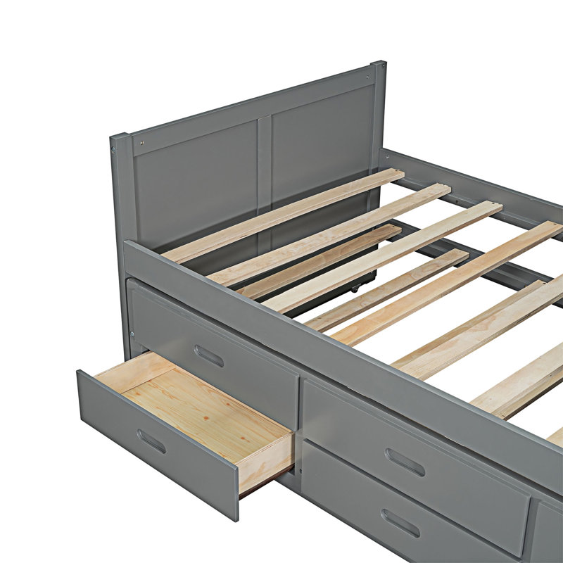 Lit moderne en bois multifonctionnel avec lit gigogne et tiroirs, gris