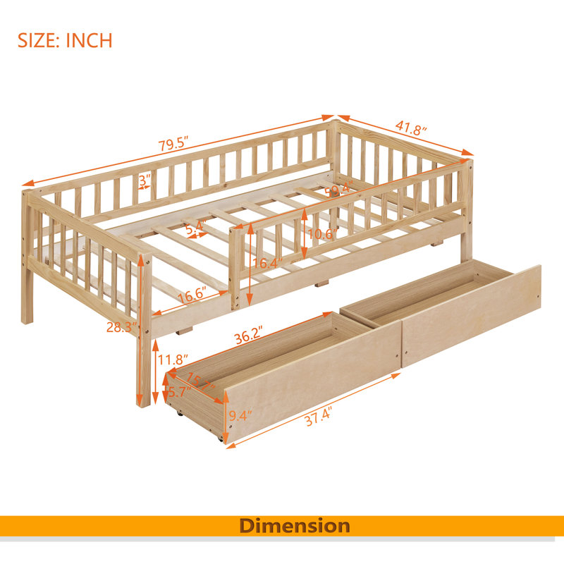 Lit de jour simple en bois avec deux tiroirs, Naturel