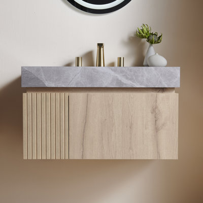 Muri 30" Bathroom Vanity&Sink, Floating Plywood Storage Cabinet With Drawer&Door, Light Gray Sintered Stone Top&Ceramic Basin With  8'' widspread 3 Holes, Pre-Assembled, White Oak Woodgrain Color