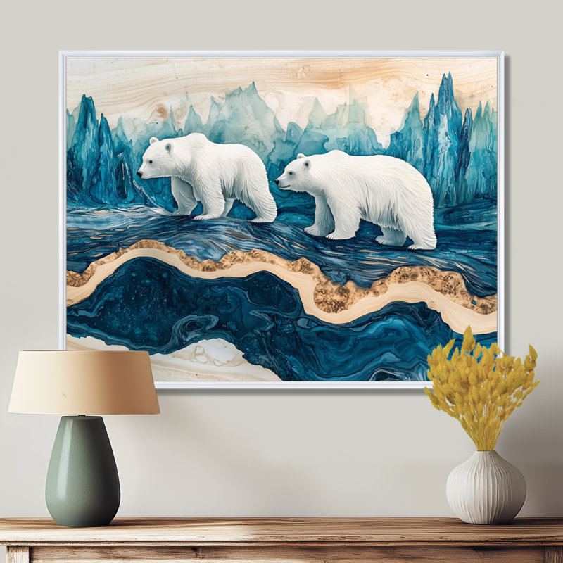 Ours blancs sur un glacier dans un paysage de Norvège I - art mural ours, H 34 po x l 44 po, Cadre flottant, Blanc