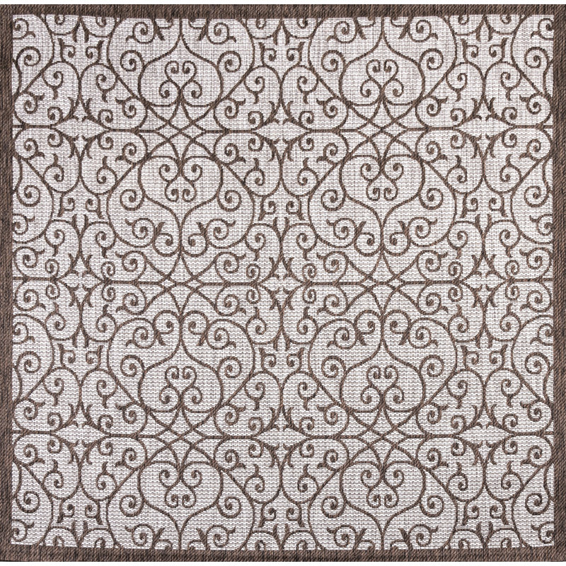 Haggerty Vintage Filigree Textured Weave Taupe/Espresso Indoor/Outdoor Rug, Square 5'3"