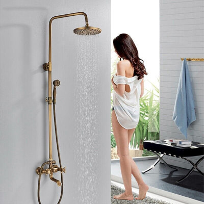 Brass Exposed Shower Faucet System Wall Mount 8in Rain Shower Head Tub Spout Kit