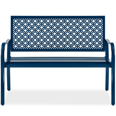 Rhanes Indoor Outdoor Steel Garden Bench w/ Geometric Backrest, Foot Levelers