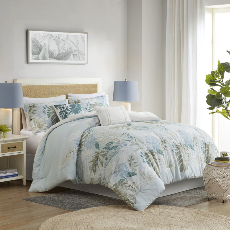 Kiawah Island 6 Piece Oversized Cotton Comforter Set with Throw Pillow, Blue, King Comforter + 5 Additional Pieces