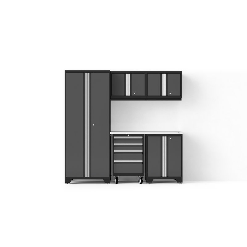 Bold XL Series Gray 6 Piece Garage Cabinets Set With Tool, Base, Wall Cabinets, Stainless Steel Worktop And 30 In. Locker