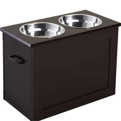 Dark Brown Elevated Pet Feeding Unit With 2 Stainless Steel Bowls - Reduces Stress On Large Animals' Joints, Convenient To Move And Clean, Storage Included Setup Bowls, Eases Joint Spine Load, For