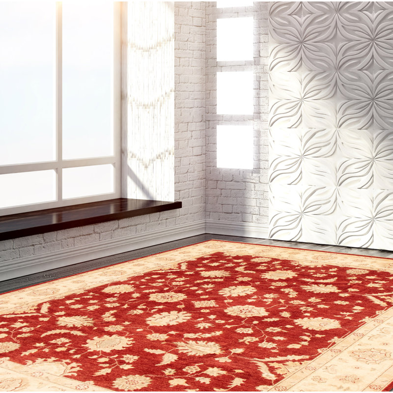 Tapis décoratif rouge/beige en laine de conception unique 7 pi 11 po x 9 pi 10 po noué à la main New Age