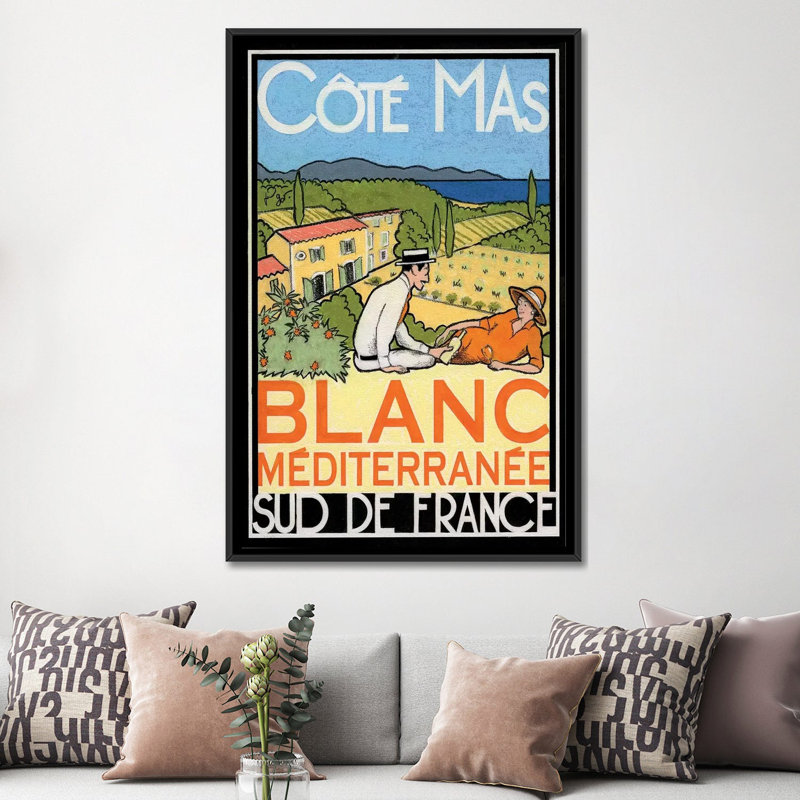 « white méditerranée », affiche rétro sur toile, H 26 po x l 18 po x P 1,5 po, Toile avec cadre noir, Pas de tapis