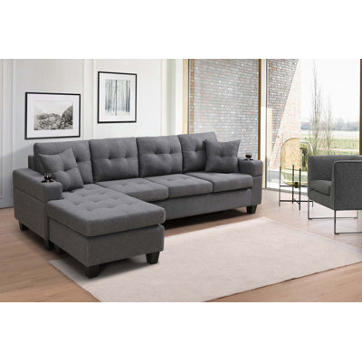 Tyece 96.06'' Convertible Upholstered Pillow Back Sectional Sofa with Throw Pillows and Cupholders