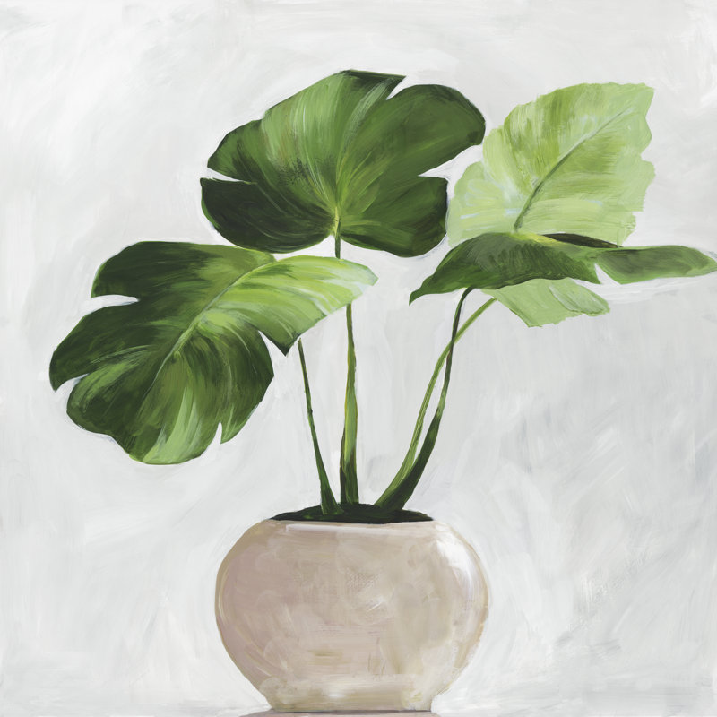 Feuilles vertes en pot sur toile, H 30 po x l 30 po