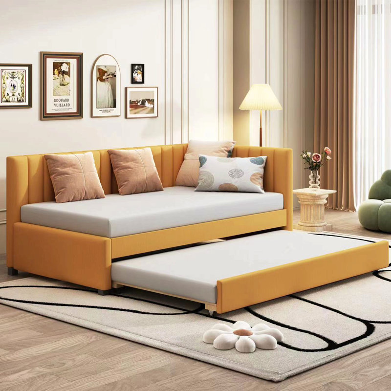 Upholstered Daybed with Trundle Twin Size Sofa Bed Frame No Box Spring Needed, Linen Fabric, Twin, Yellow