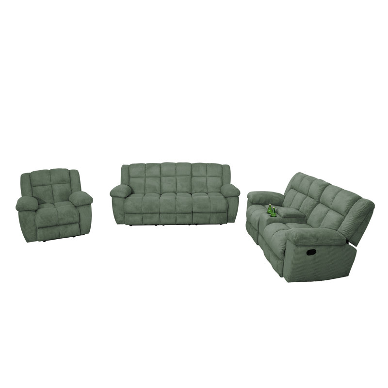 Ensemble de canapé de salon inclinable 3 pièces en velours côtelé de qualité supérieure contemporain et rembourré , Vert
