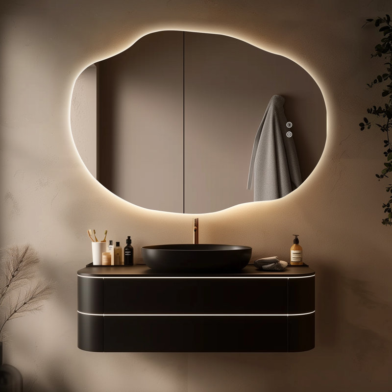Dibbrun Frameless Lighted Bathroom Mirror, Asymmetrical, 25" x 35"