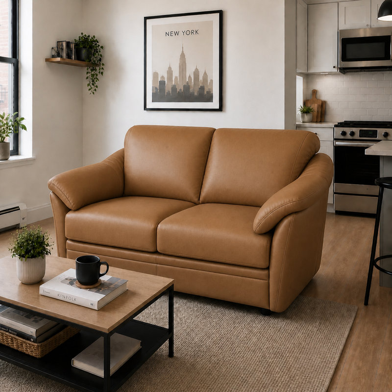 Ramdev Top Grain Leather Loveseat with Cushioned Back and Pillow Top Arm, Charcoal, 34" H x 58" W x 36" D