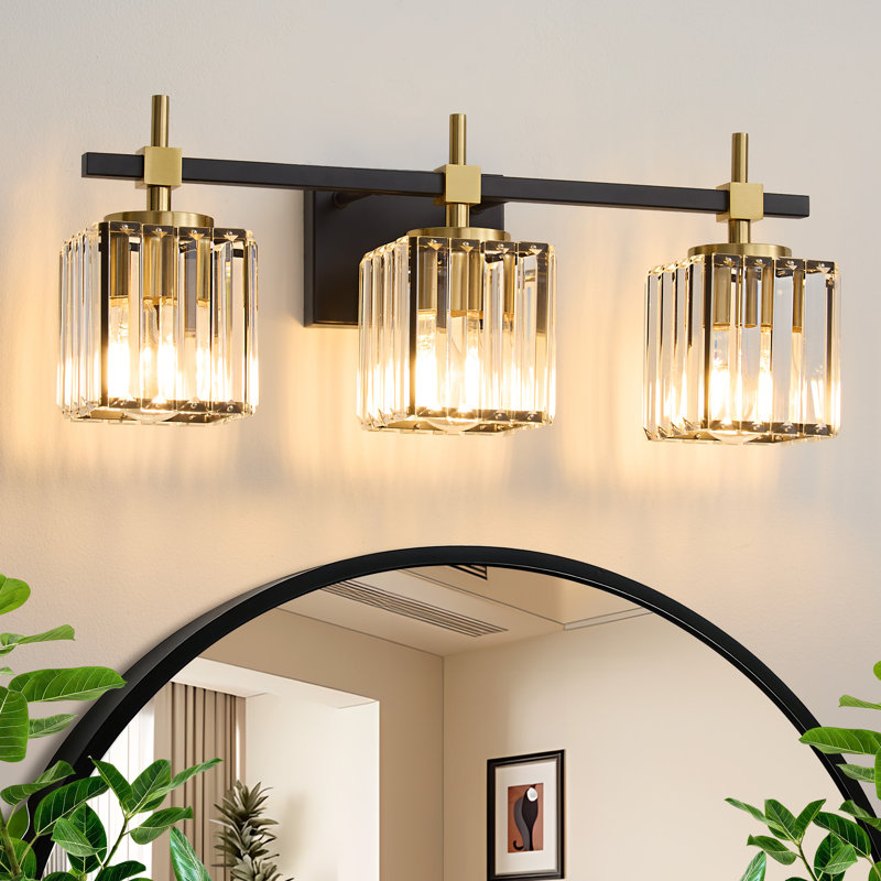 3 - Light Black Gold Modern Elegant Luxury Dimmable Bathroom Vanity Light With Square Crystal Shade, Black/Gold