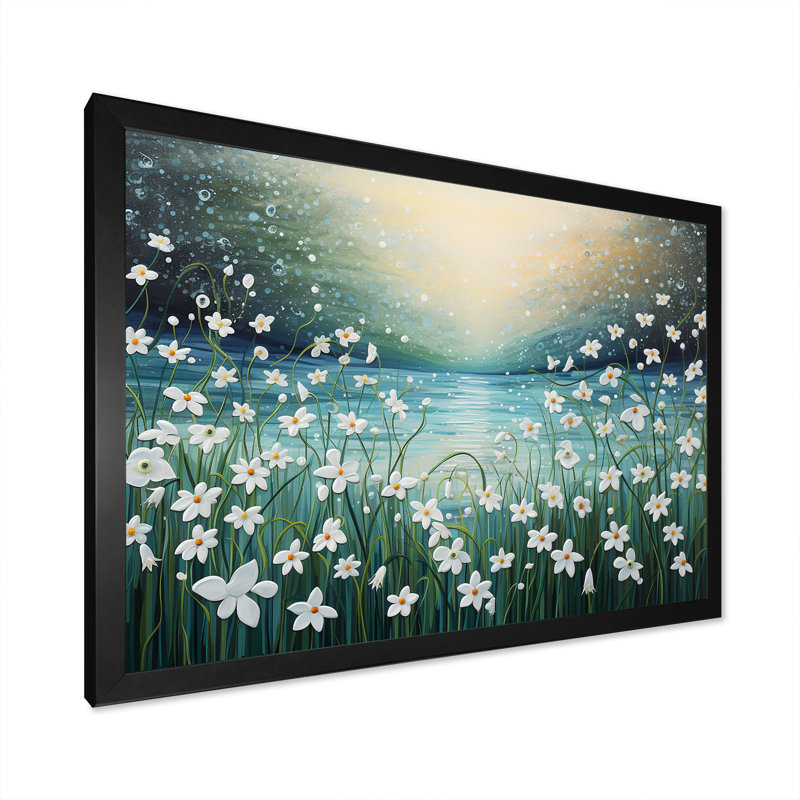 «Snowdrop Flowers Field In Winter II», reproduction sur toile, Cadre simple noir, H 12 po x l 20 po x P 1 po