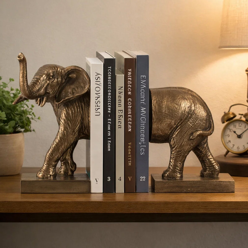 Ensemble de 2 serre-livres décoratifs Nimy, éléphant trompette, polyrésine bronze