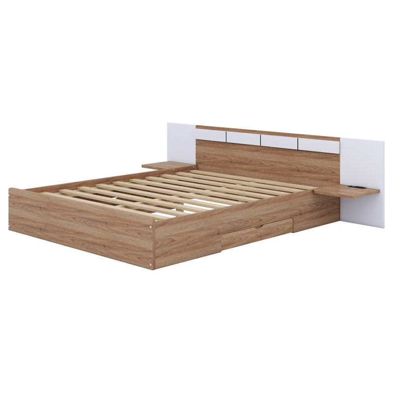 Revkah Storage Platform Bed, Bed with Headboard, Drawers, Shelves, USB Ports and Sockets, Natural