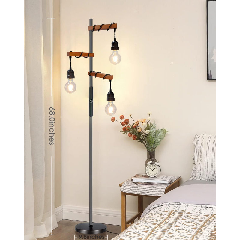 Dimmable 68" 3-Light Vintage Floor Lamp - Wood & Metal Industrial Pole For Living Room