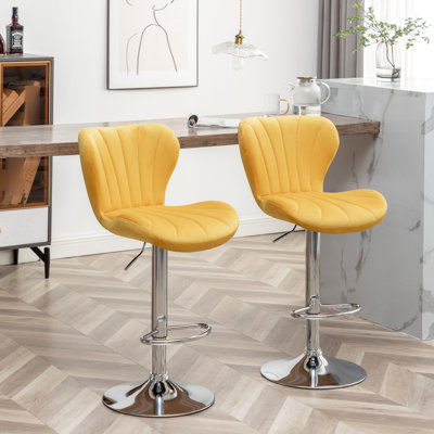 Yellow  2   - Upholstered With Velvet, Adjustable Height And Swivel, Thick Foam Padding, Contemporary Vertical Line Look  2  360 Rotating, Gas Lift, Soft Upholstery, Modern Style, Stable Footrest