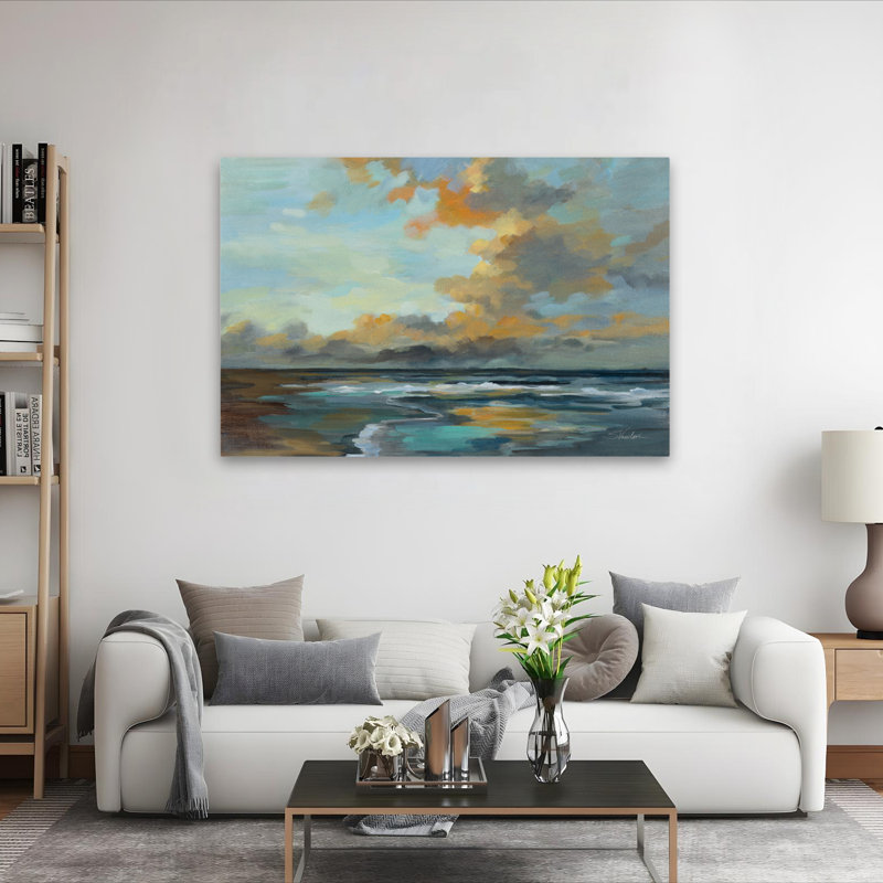 Oceanside Sunset - Aqua Beach Blue Brown, 60" H x 40" W