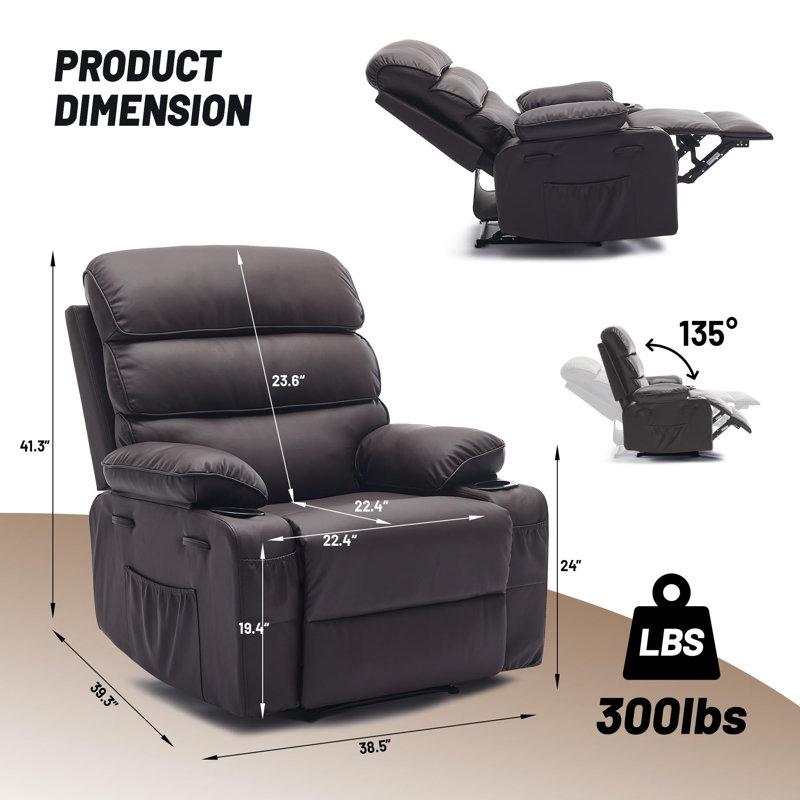 Fauteuil inclinable ergonomique en cuir PU avec massage et chaleur, dossier et repose-pieds réglables, pour adultes et chambre de bébé