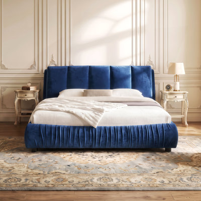 Upholstered Platform Bed Frame with Removable Thick Cushioned Headboard, Shiny Velvet Upholstery, Sturdy Wood Slat & Center Support, No Box Spring Required