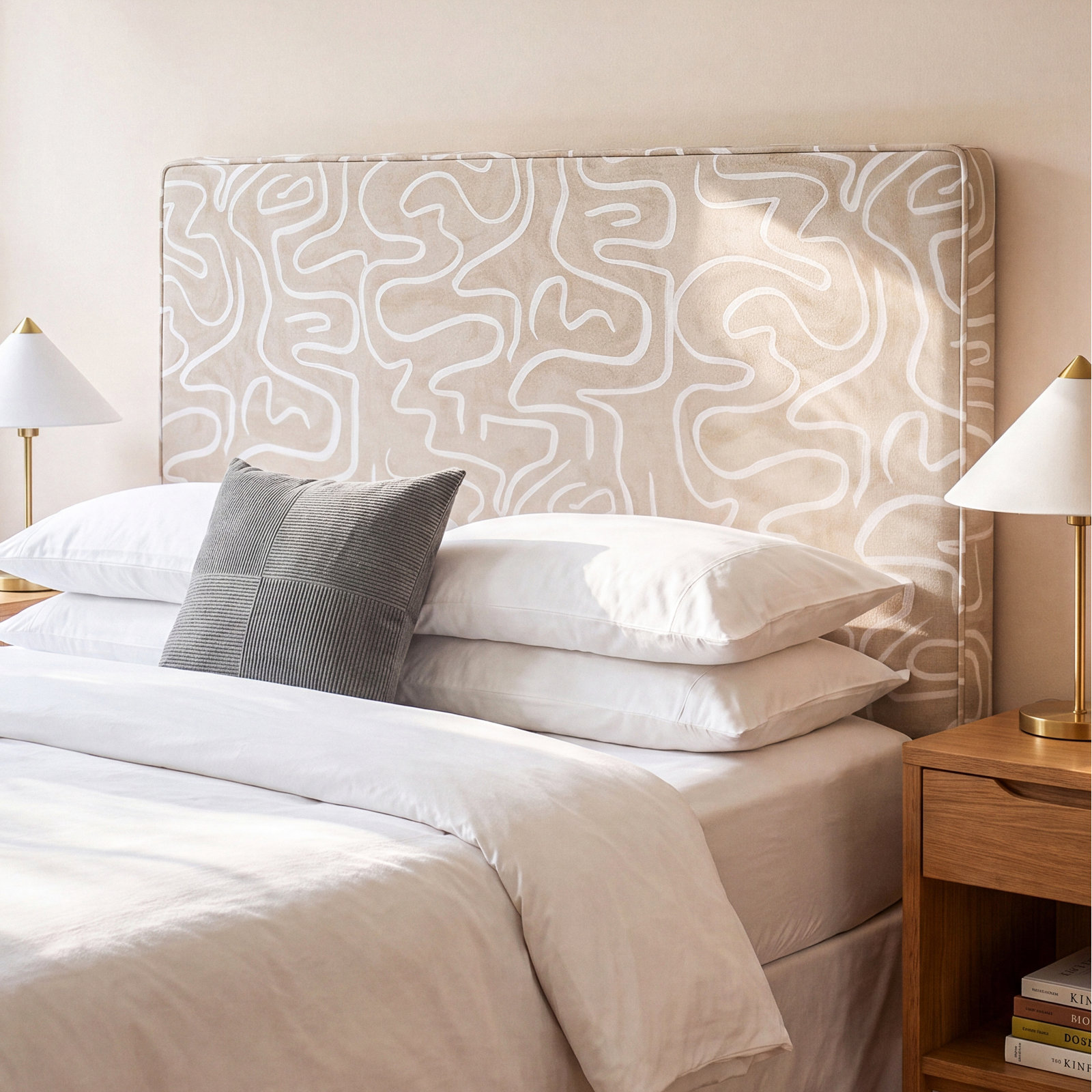 Marquise Upholstered Headboard, Queen, Evelyn Natural Asbtract