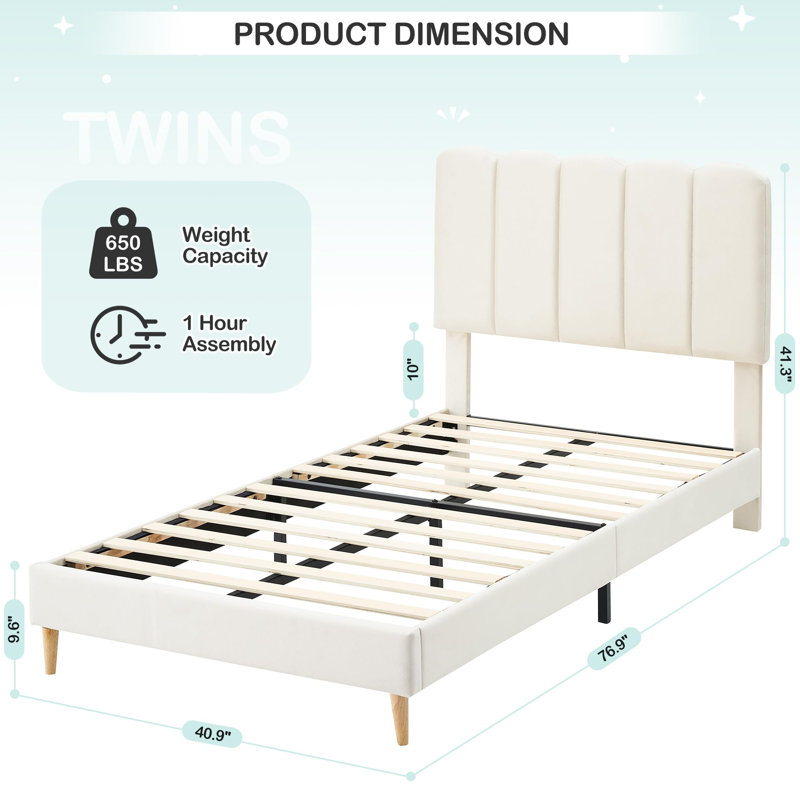 Twin Size Bed Frame, Velvet Upholstered Platform Bed with Wave Headboard for Girls/Kids, No Box Spring Needed, White