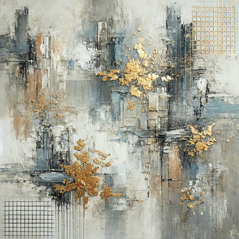 Reproduction d'art abstraite sur toile dorée, H 12 po x l 12 po x P 1 po