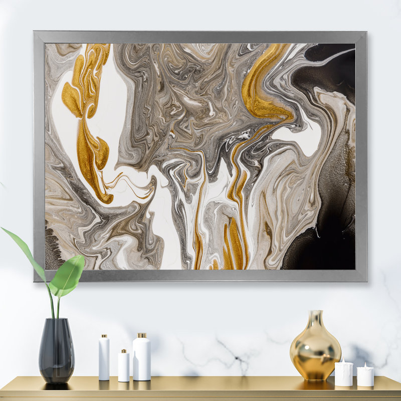 Vagues de marbre dorées et grises - peinture sur toile, H 30 po x l 40 po, Cadre photo argenté