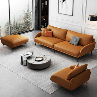 Ensemble de salon en cuir véritable orange 3 pièces