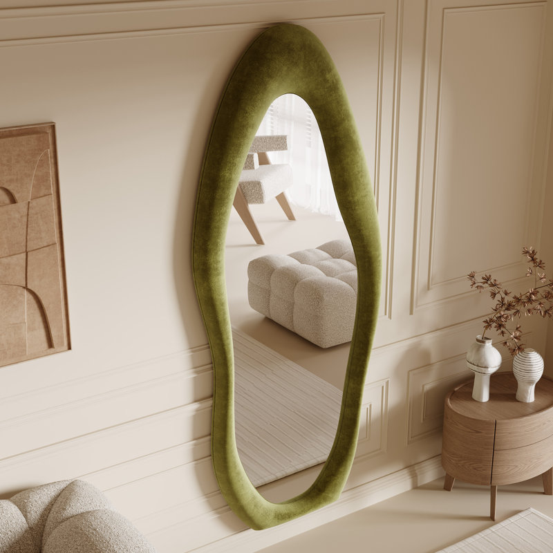 Miroir de plancher asymétrique en velours Art Deco, Vert olive