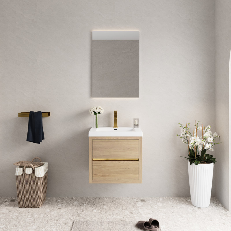 Meuble-lavabo suspendu de 61 cm (24 po) en chêne naturel avec lavabo en résine de pierre brillante, préassemblé pour un gain de temps, finition à l'eau sur le bois, poids du produit : 43,4 kg (95,8 lb), largeur de l'emballage : 64,5 cm (25,4 po), fixation murale.