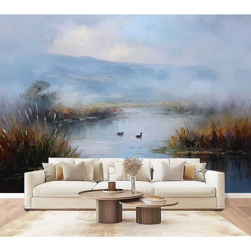 Papier peint auto-adhésif Pere and Stick Serene Pond Ducks Mountain Nature Inspired, L 96 po x l 69 po