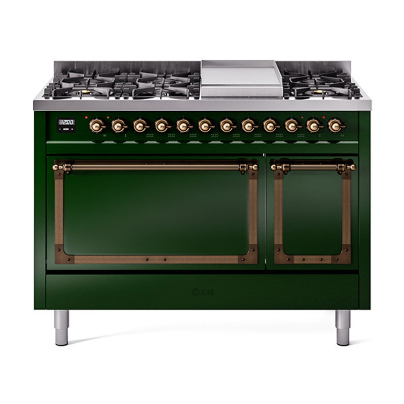 ILVE Nostalgie II Noblesse 48 in Dual Fuel Range, 8 Burner, Griddle, Natural Gas, Emerald Green/Burnished