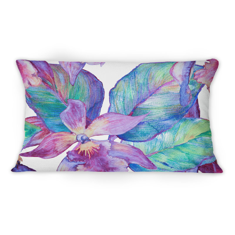Orchidée turquoise et mauve - coussin décoratif traditionnel 12 po x 20 po