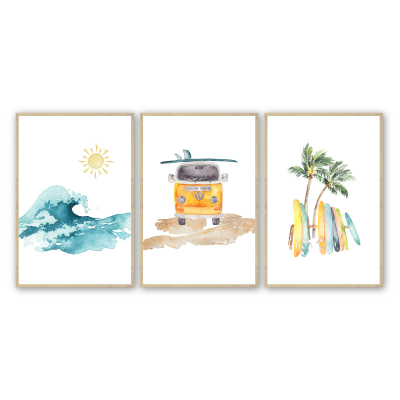 Casner at the Beach, ensemble de 3 œuvres d'art encadrées, H 18 po x l 24 po x P 1,25 po, Érable brut