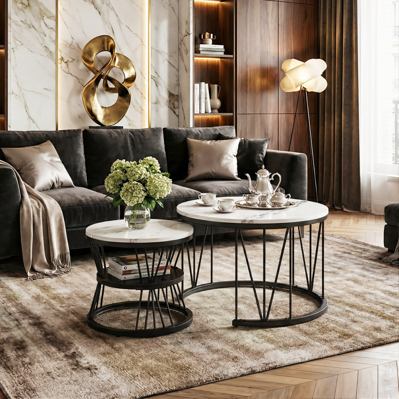 Round Nesting Coffee Tables (70+45Cm), Marble Effect V-Wire Frame With 2-Tier Storage Side Table, Black