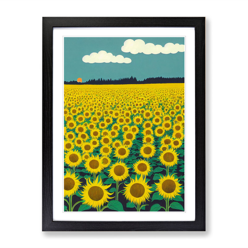 Sunflower Field Painting Vol.5 - Picture Frame Print, 46cm H x 25cm W x 2cm D, Walnut