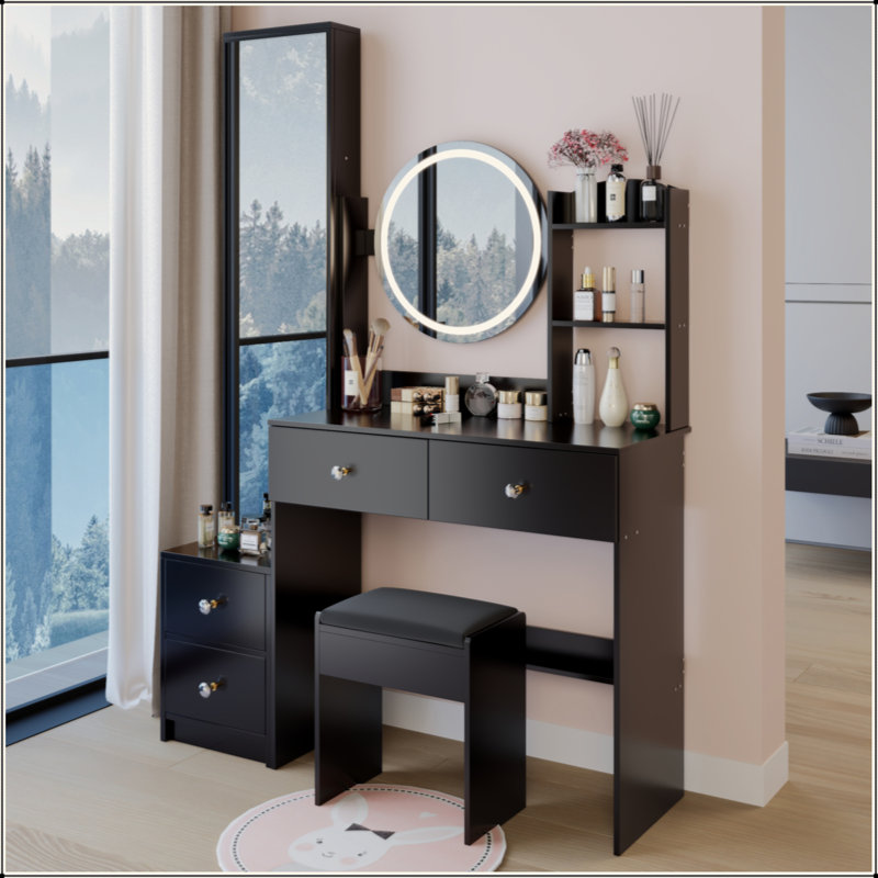 Full Body Mirror Cabinet + Round Mirror LED Vanity Table + Cushioned Stool, 17" Diameter LED Mirror, Touch Control, 3-Color, Brightness Adjustable, Large Desktop, Multi-Layer High Capacity Storage