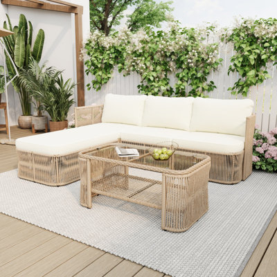 4-Piece Dark Beige PE Rattan Conversation Set, Modern Outdoor Sectional Sofa with Glass-Top Coffee Table & Storage Shelf for Patio, Porch, Nordic Garden