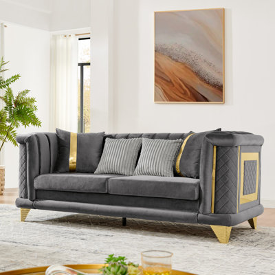 Modern 3 Seater Luxury Sofa, Mid Century Modern Victorian Tufted Couch with 2 Fur & 2 Gold Strip Pillow,  for Living Room