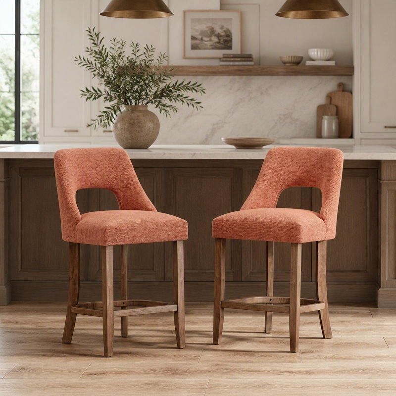 Ensemble de 2 tabourets de bar, tabourets de bar rembourrés à hauteur de comptoir, tabourets de comptoir modernes avec pieds en bois pour îlot de cuisine, orange
