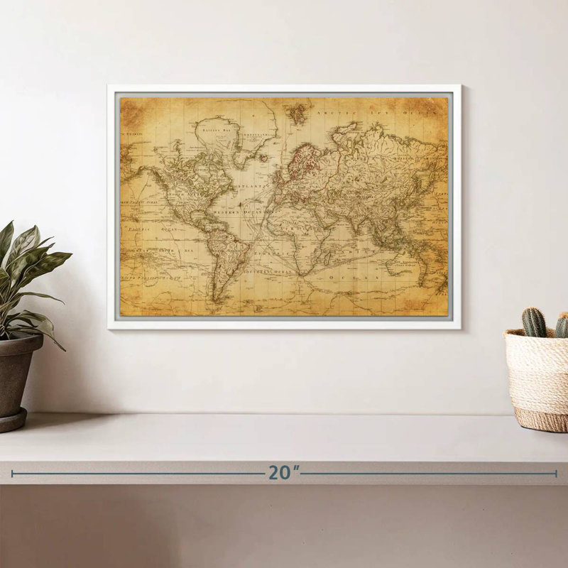 Carte du monde de l'Ancien siècle, 13 po x 9 po, Cadre flottant blanc