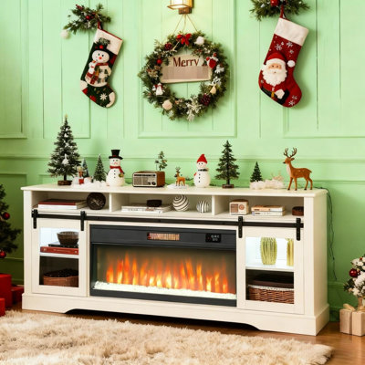 Console de télévision avec foyer électrique et rangement ouvert - 725w / 1450w chauffage, 59f 95f gamme de température foyer, armoires latérales Spacieux centre de divertissement pour les téléviseurs jusqu'à 80 ", flamme personnalisable