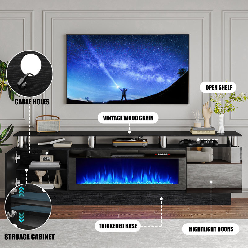 Alazik TV Stand with Electric Fireplace, Black/Silver, Black, 24”H x 14”L x 70”W