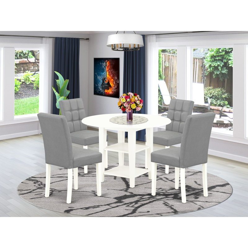 Linen White Finish Round Solid Wood Top Dining Table Set, Platinum Gray, 5 Pieces: 1 Table, 4 Chairs